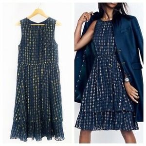 J.CREW GOLD METALLIC TEXTURED-DOT NAVY FLIRT DRESS